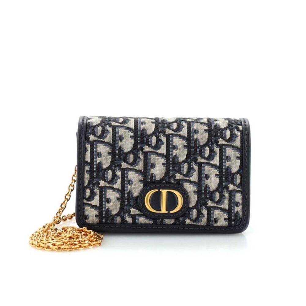 DIOR POUCH WALLET CARD HOLDER BAG BLUE COLOR EBROIDERED FABRIC GOLD LONG CHAIN